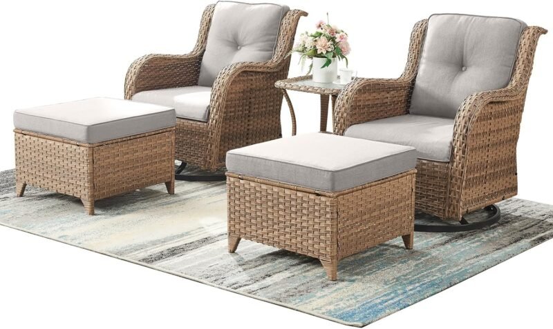 Patio Furniture Swivel Chairs Set - 5 Piece Rattan Wicker Outdoor Sectional Conversation Sets with 2 Swivel Rocking Chairs,2 Ottomans and 1 Side Table for Porch Deck Garden(Yellow/Beige)