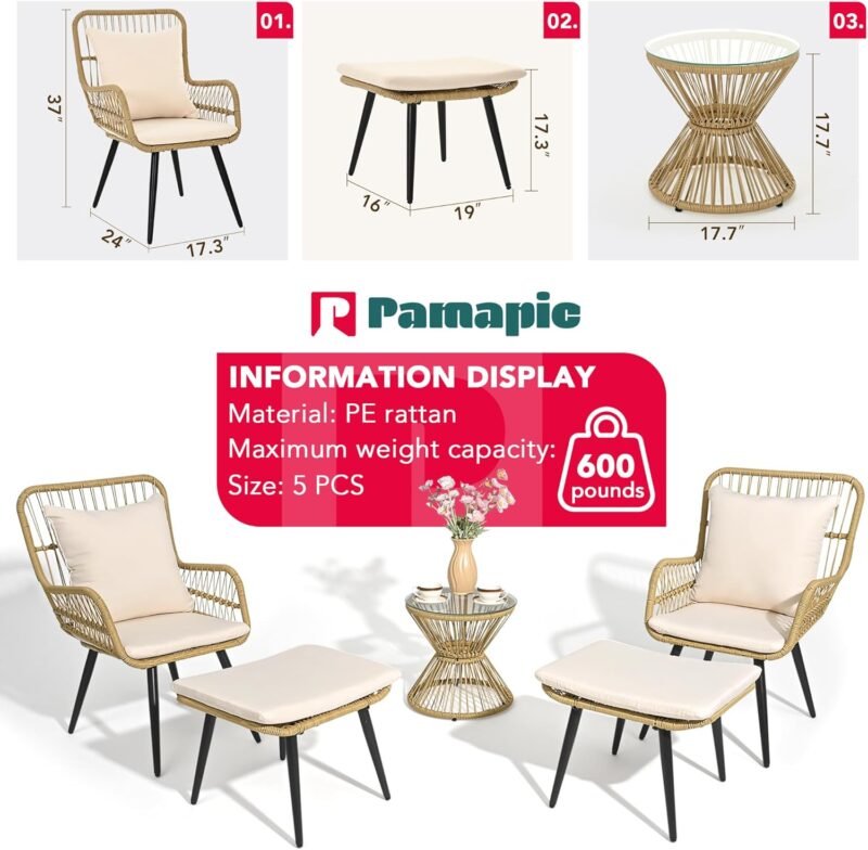 Pamapic Outdoor Patio Bistro Set with Ottoman 5 Piece Rattan Wicker Conversation Chair Sets Balcony Furniture Chairs for Yard Garden Porch Backyard Poolside, Beige - Imagen 6