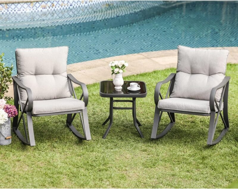 COSIEST 3 Piece Bistro Set Patio Rocking Chairs Outdoor Furniture w Warm Gray Cushions, Glass-Top Table for Garden, Pool, Backyard - Imagen 3