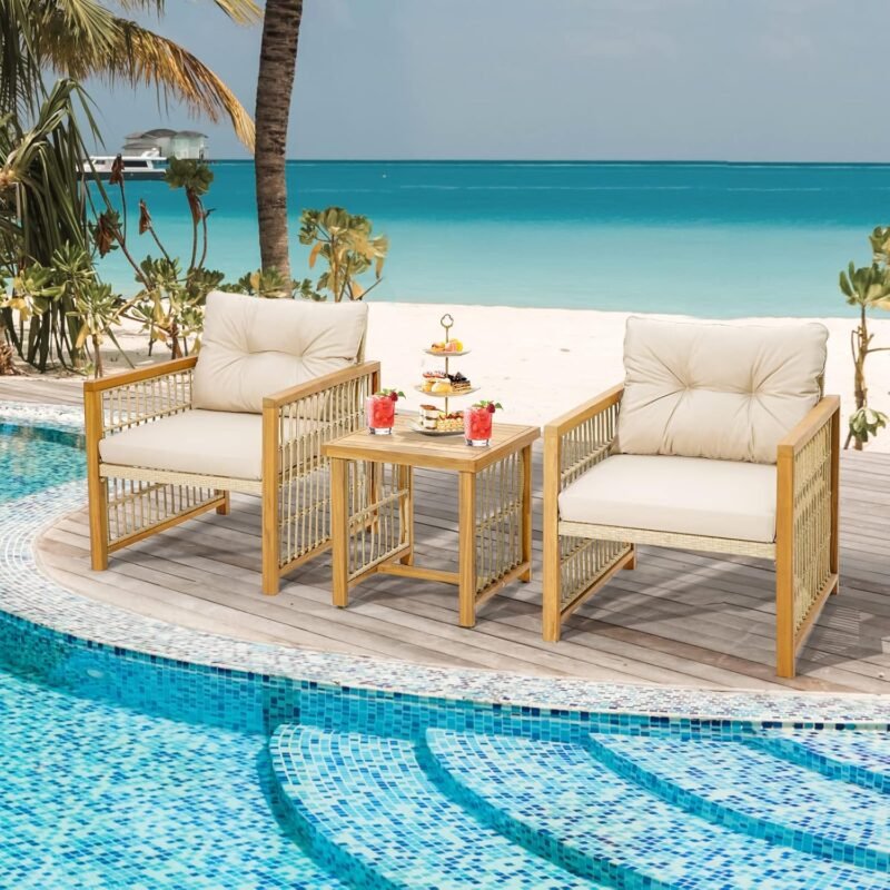 Tangkula 3 Pieces Acacia Wood Patio Furniture Set, PE Wicker Bistro Set with Cushioned Chairs and Coffee Table, Outdoor Conversation Set for Porch, Deck, Balcony, Backyard (Beige) - Imagen 4
