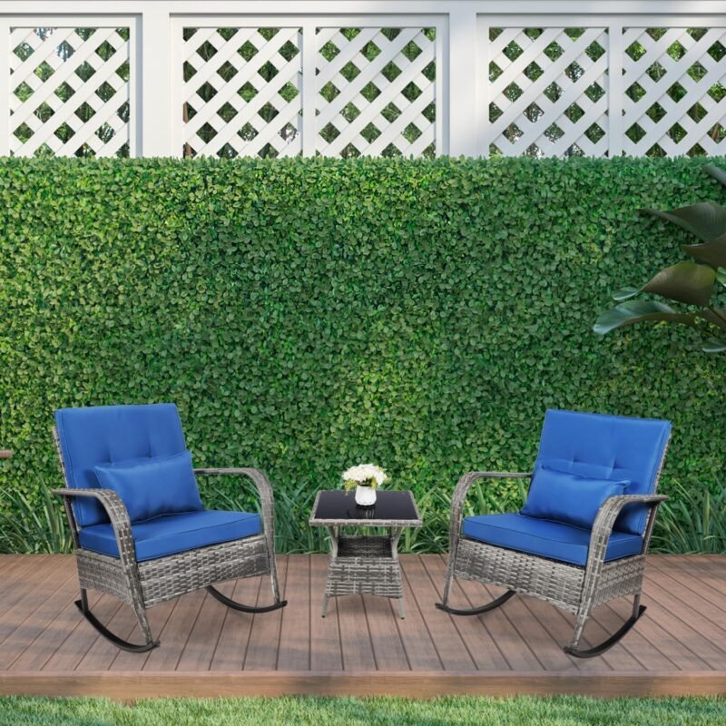 3 Pieces Patio PE Rattan Conversation Chair Set, Outdoor Furniture Rocking Chair Set with Water-Proof Cushion&Coffee Table for Garden,Backyard and Porch (Dark Blue) - Imagen 8
