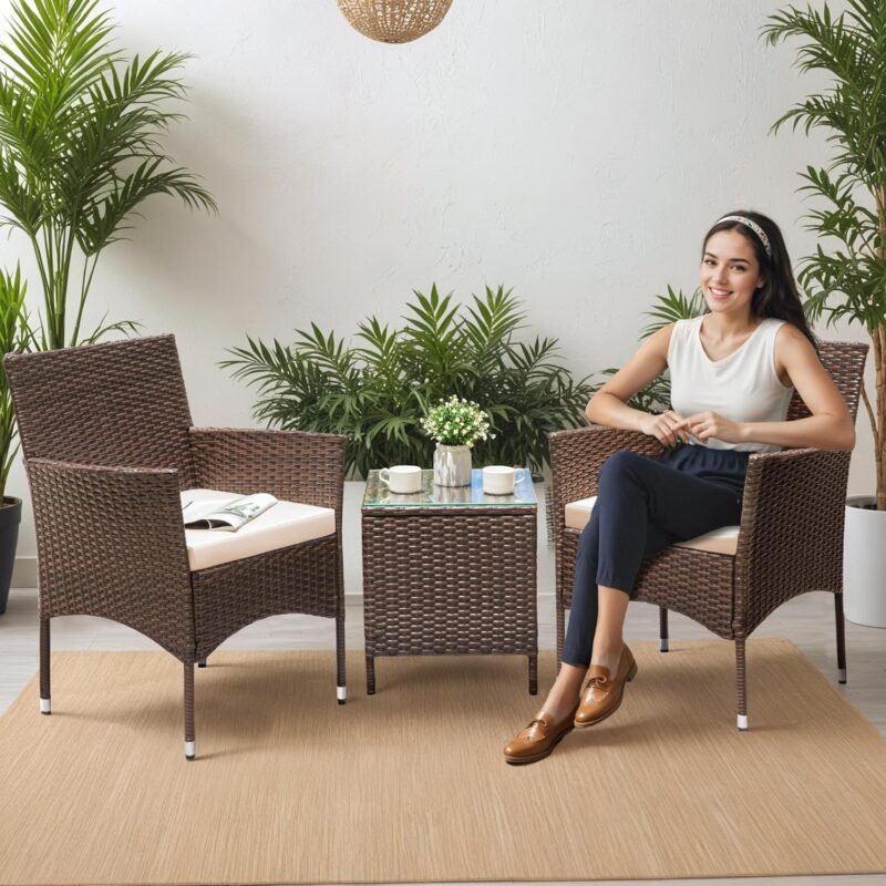 Greesum 3 Pieces Patio Dining PE Rattan Wicker Chair Furniture Set with Cushion and Glass Coffee Table for Outdoor Garden Backyard Poolside, Brown and Beige - Imagen 4