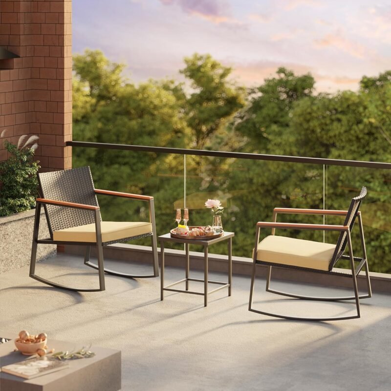 Gizoon 3 Pieces Rocking Patio Bistro Set with Anti-Scald Armrest, Outdoor Patio Wicker Furniture Set with Glass Table and Cushion for Garden, Yard, Porch - Imagen 9