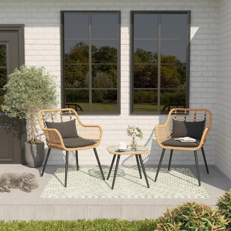 Verano Garden 3 Piece Patio Bistro Set, Outdoor Wicker Conversation Chair Sets Balcony Furniture,Coffee Table with Glass Top, Cushions & Lumbar Pillows for Porch, Backyard, Deck, Poolside - Imagen 3