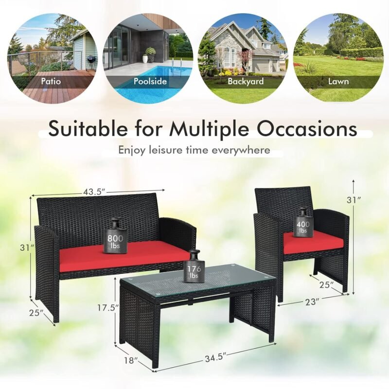 Goplus Rattan Patio Furniture Set 4 Pieces, Outdoor Wicker Conversation Sofa and Table Set with Soft Cushions & Tempered Glass Coffee Table for Balcony Garden Backyard (Red) - Imagen 7
