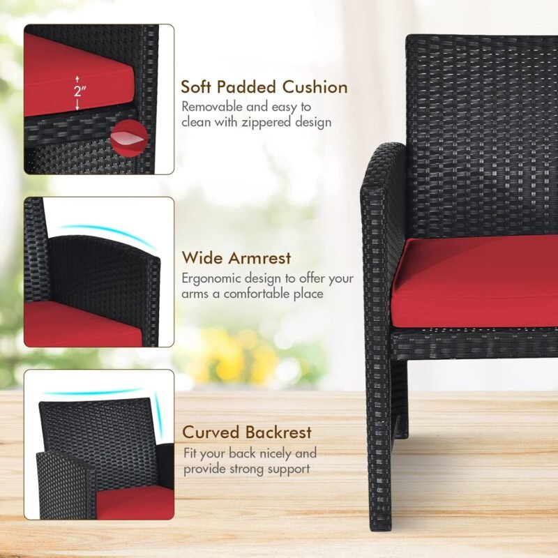 Goplus Rattan Patio Furniture Set 4 Pieces, Outdoor Wicker Conversation Sofa and Table Set with Soft Cushions & Tempered Glass Coffee Table for Balcony Garden Backyard (Red) - Imagen 5