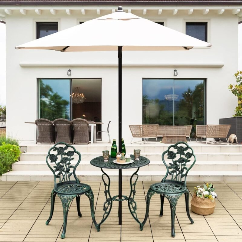 Giantex 3 Piece Bistro Set Cast Aluminum Rose Design Antique Outdoor Patio Furniture Weather Resistant Garden Round Table and Chairs w/Umbrella Hole (Rose Design) - Imagen 3