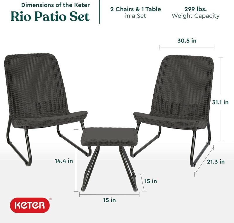 Keter Rio 3 Piece Resin Wicker Patio Furniture Set with Side Table and Outdoor Chairs for Front Porch and Backyard Decor, Dark Grey - Imagen 3
