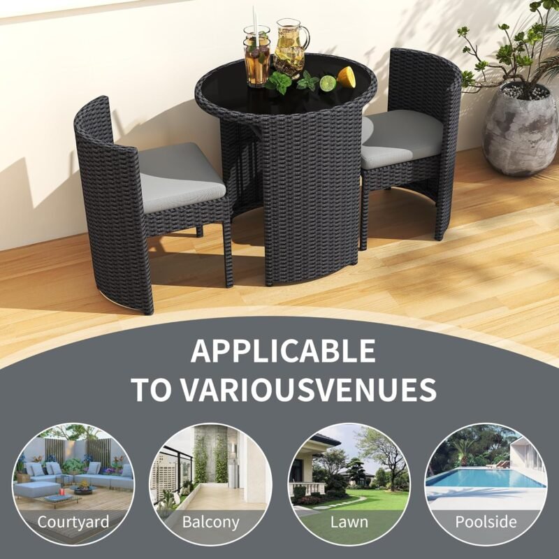 TWT 3 Pieces Aluminum Outdoor Patio Bistro Set All-Weather Wicker Patio Furniture with Tempered Glass Table & Patio Chairs for Poolside Porch Deck Apartment Black - Imagen 8