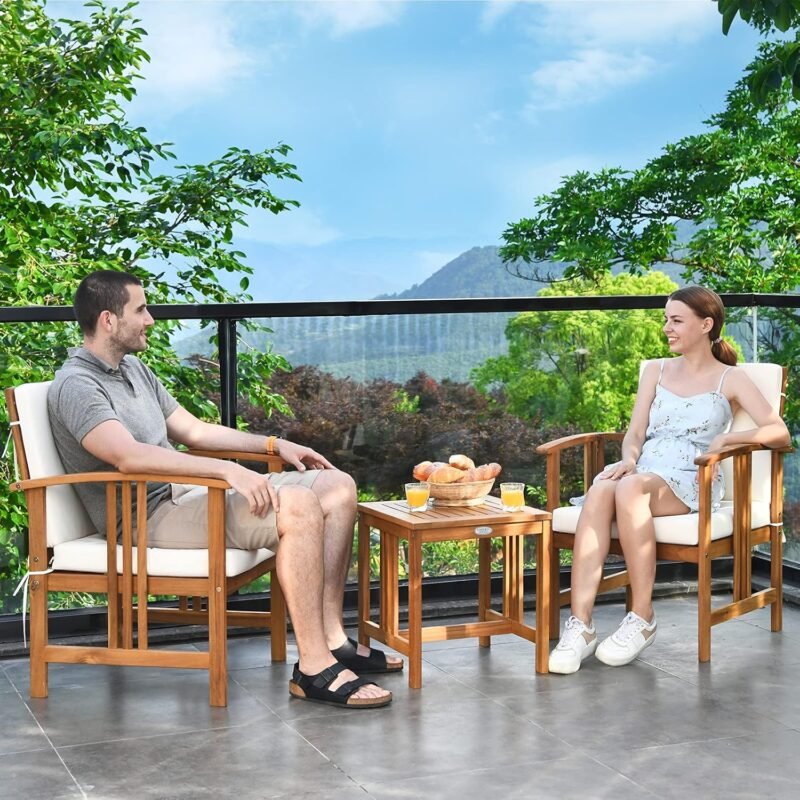 Tangkula 3 Pieces Patio Furniture Set, Includes Set of 2 Outdoor Acacia Wood Cushioned Chairs and Coffee Table, for Garden, Backyard, Poolside, Bistro and Deck, Patio Conversation Chat Set (White) - Imagen 2