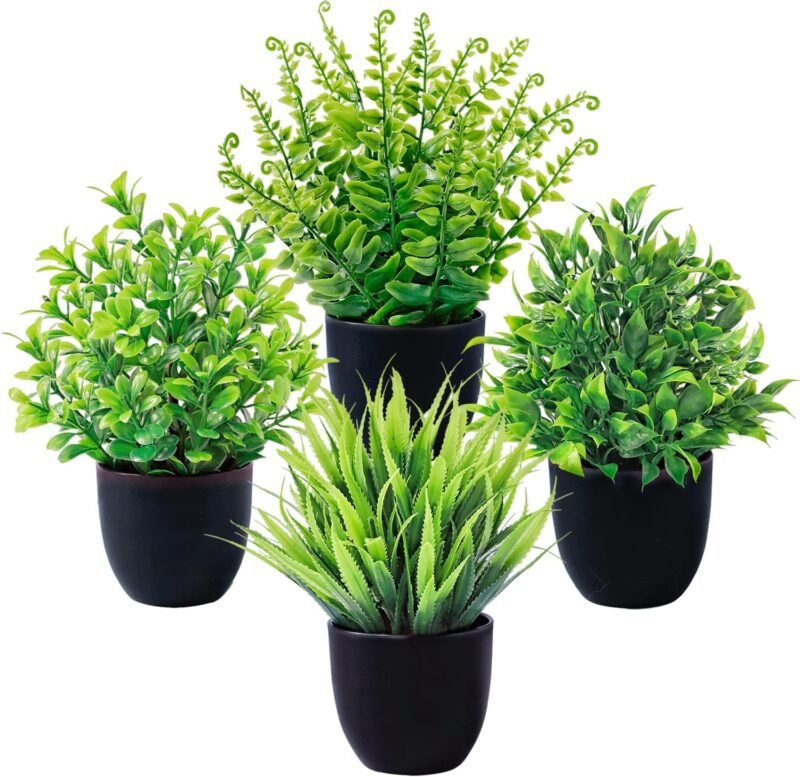 Bafenli 4 Piezas Pequeño Plantas Artificiales Plástico Mini Plantas Falsas con Macetas para Mesa Estante Baño Oficina Casa Decoración