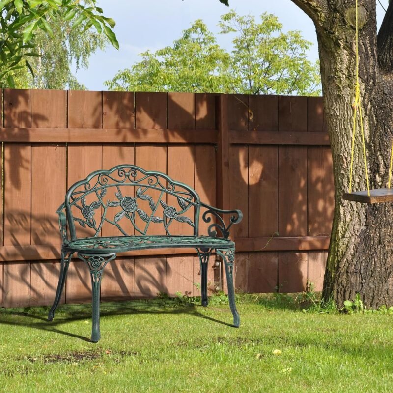 VINGLI 38.5" Patio Park Garden Outdoor Metal Rose Bench,Cast Iron Cast Aluminium Frame Antique Finish Chair,Accented Lawn Front Porch Path Yard Decor Deck Furniture for 2 Person Seat（Green&Black - Imagen 7