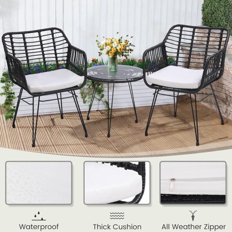 3 Pieces Wicker Patio Bistro Furniture Set, Includes 2 Chairs and Glass Top Table, Ideal for Porch, Outdoor, Backyard, Apartment, Balcony Black Color - Imagen 6