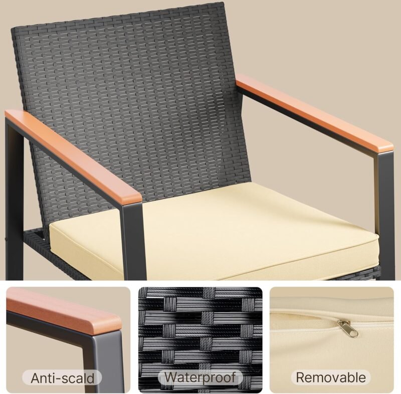 Gizoon 3 Pieces Rocking Patio Bistro Set with Anti-Scald Armrest, Outdoor Patio Wicker Furniture Set with Glass Table and Cushion for Garden, Yard, Porch - Imagen 6