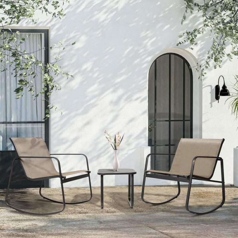 3 Piece Patio Rocking Chairs Set, Outdoor Conversation Set Modern Bistro Set Textilene Balcony Chair Sets with Coffee Table for Yard and Bistro (Brown) - Imagen 2