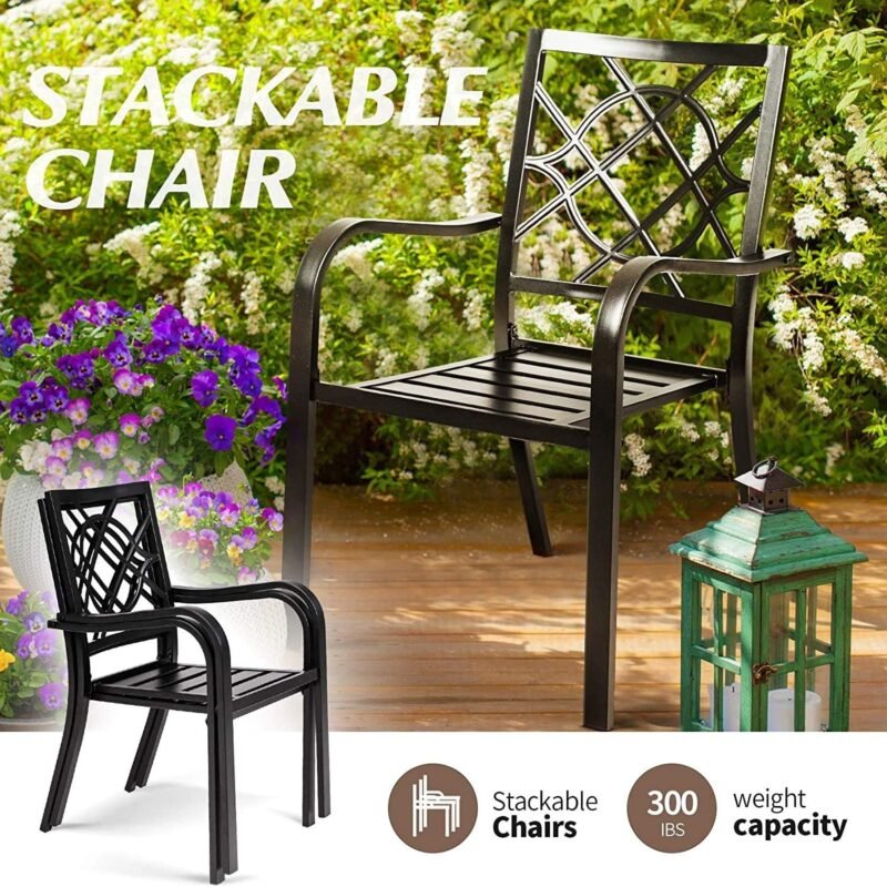 SUNCROWN 5-Piece Outdoor Wrought Iron Chairs and Table Patio Dining Furniture Set - 4 Stackable Metal Chairs, 1 Steel Slat Bistro Table and 1 Dark Blue 9Ft Patio Umbrella for Garden Backyard Deck - Imagen 4