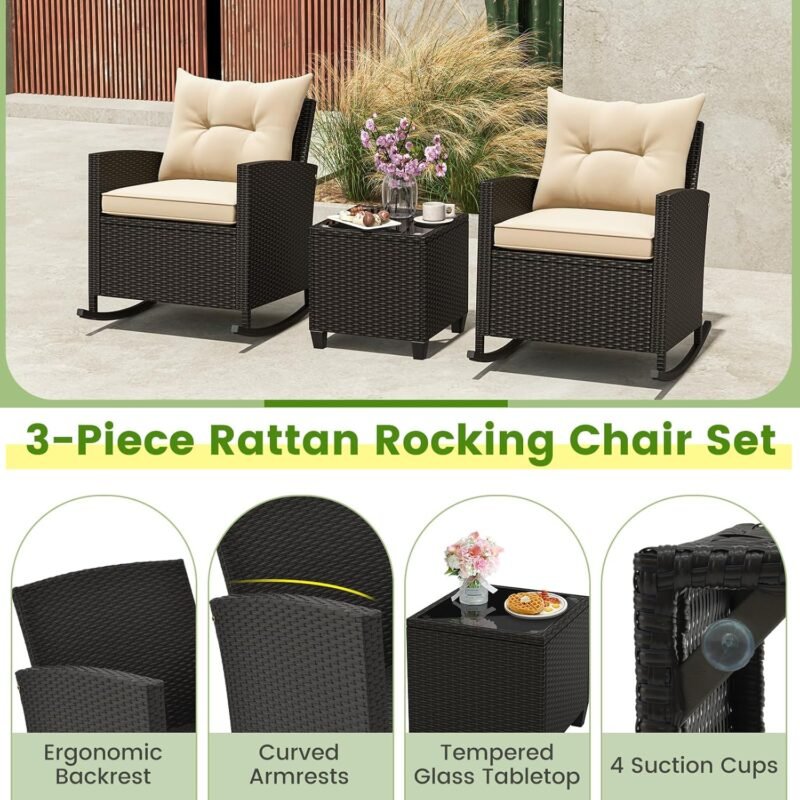Tangkula 3 Piece Wicker Rocking Set, Patio Rattan Roker Chairs with Tempered Glass Table & Soft Cushions, Outdoor Furniture Set for Backyard, Poolside Porch (Beige) - Imagen 8