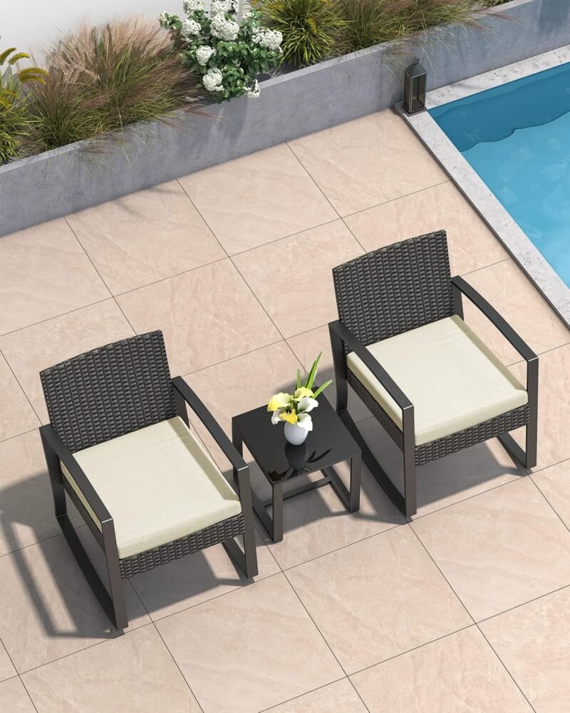 Aiho 3 Pieces Patio Furniture Set, Outdoor Wicker Bistro Rocking Chair Sets with Cushion, Porch Furniture Set with Glass Table, Modern Rattan Conversation Sets for Porches and Balcony, Beige Cushion - Imagen 4