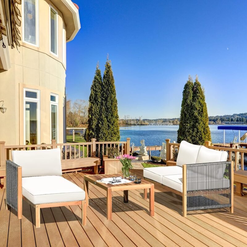 Tangkula L Shape Outdoor Furniture Set, 3 Piece Acacia Wood Patio Conversation Set, with 2 loveseats and Coffee Table, Garden Backyard Poolside Patio Seating Set (White) - Imagen 2