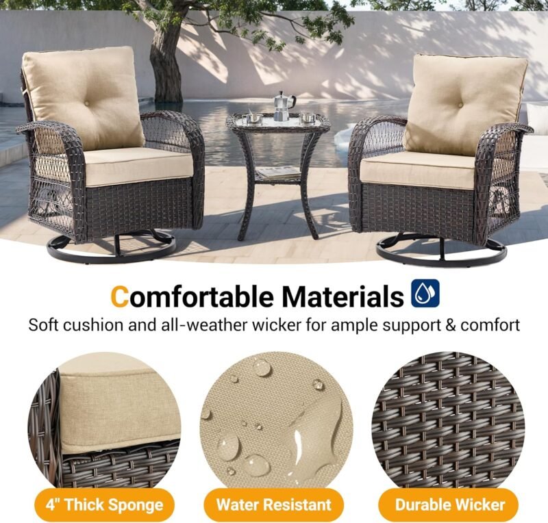 UDPATIO 3 Pieces Patio Furniture Set, Outdoor Swivel Gliders Rocker, Wicker Patio Bistro Set with Rattan Rocking Chair, Glass Top Side Table and Thickened Cushions for Porch Deck Backyard (Khaki) - Imagen 5