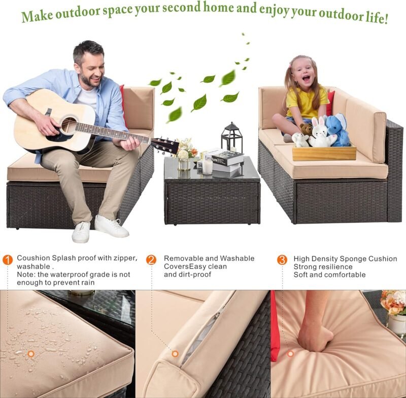 Vongrasig 5 Piece Patio Furniture Sets, All-Weather Brown PE Wicker Outdoor Couch Sectional Set, Small Conversation Set for Garden/Patio w/Ottoman, Glass Table, Red Pillow, Beige - Imagen 3