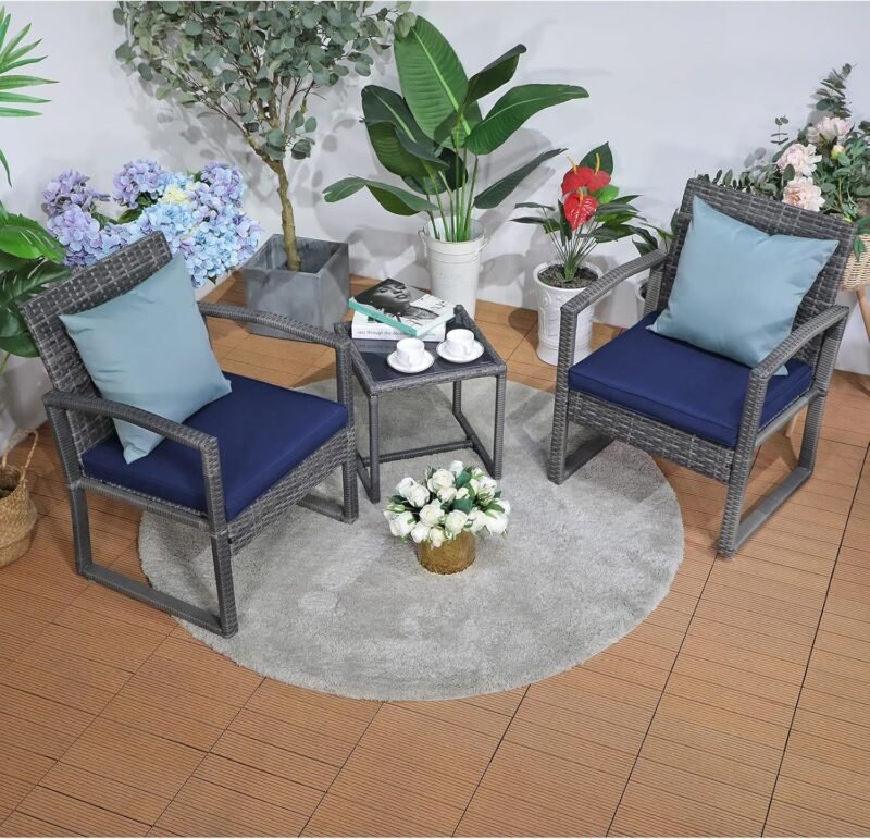 Patiorama 3 Pieces Outdoor Patio Furniture Set, Outdoor Wicker Conversation Set, Patio Rattan Chair Set, Modern Bistro Set with Coffee Table, Garden Balcony Backyard Poolside (Navy Blue) - Imagen 2