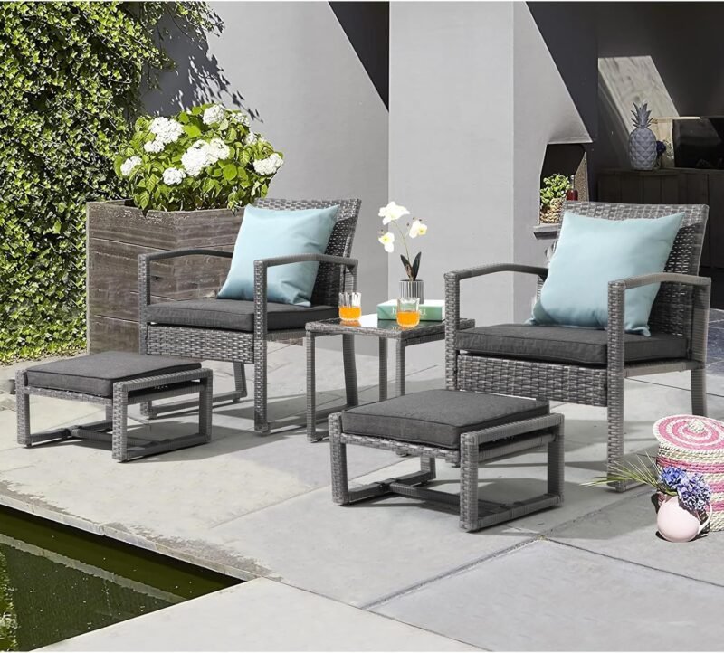 Patiorama 5 Piece Outdoor Patio Wicker Furniture Set, All Weather Grey PE Rattan Chair and Ottoman Footstool Set, W/Coffee Table, Cushions (Dark Grey) for Garden, Balcony, Porch, Space Saving Design