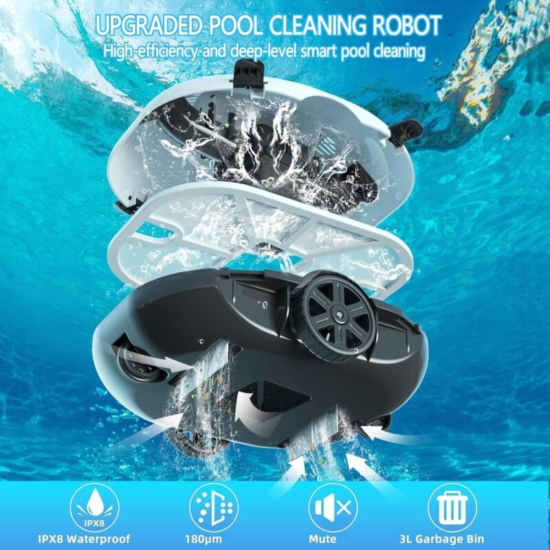 Bestyks Robot Limpiafondos Piscina, Limpiafondos Piscina Automatico 130 Minutos De Limpieza Potente,Robot Piscina InaláMbrico Motores De Doble Accionamiento para Piscinas De Fondo Plano De hasta 80 M² - Imagen 3