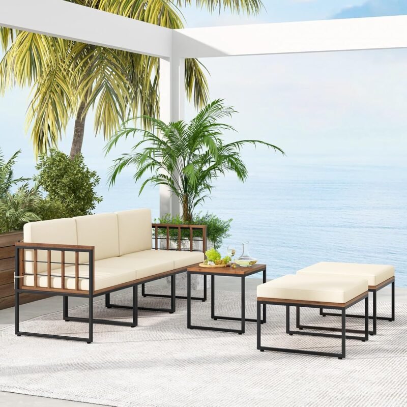 Tangkula 6 Pieces Acacia Wood Patio Furniture Set, Patiojoy Outdoor Sectional Conversation Sofa Set with Cushions, Coffee Table and Ottomans, Patio Seating Sofas for Garden, Poolside, Backyard (Beige) - Imagen 3