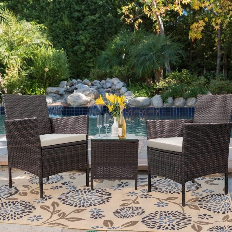 Devoko Patio Porch Furniture Sets 3 Pieces PE Rattan Wicker Chairs with Table Outdoor Garden Furniture Sets (Brown/Beige) - Imagen 2