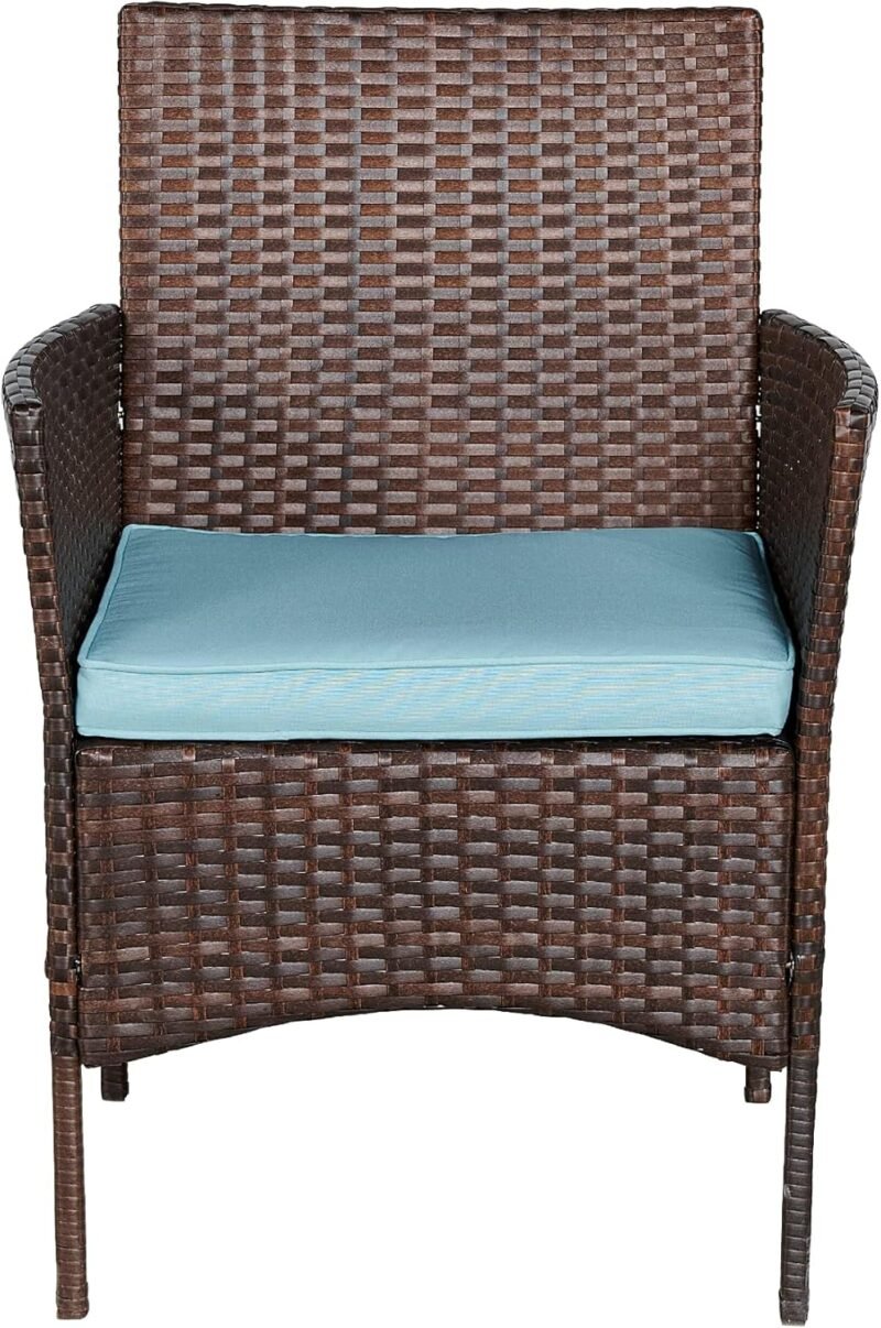 BTEXPERT Outdoor Wicker Patio Conversation 3 Piece Bistro Set Garden Yard Porch Furniture Space Saving Rattan Two Chairs Cushions Side Storage Tempered Glass Table Brown 3pc Set - Imagen 4