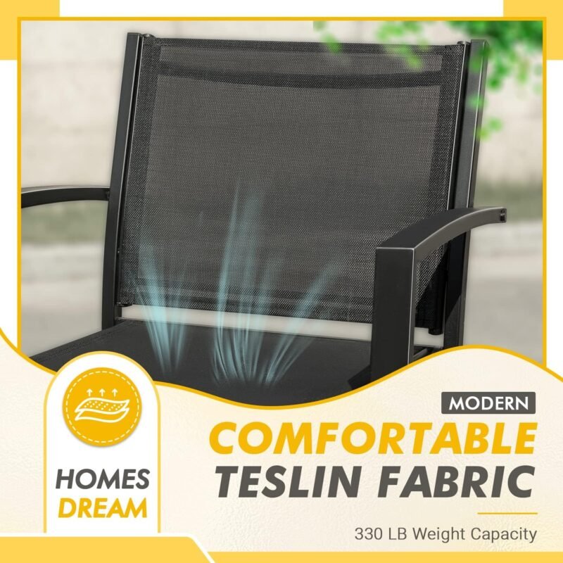 Greesum 3 Pieces Patio Furniture Outdoor Bistro Set Textilene Fabric Chairs for Lawn, Garden, Balcony, Poolside with A Glass Coffee Table, Black - Imagen 5