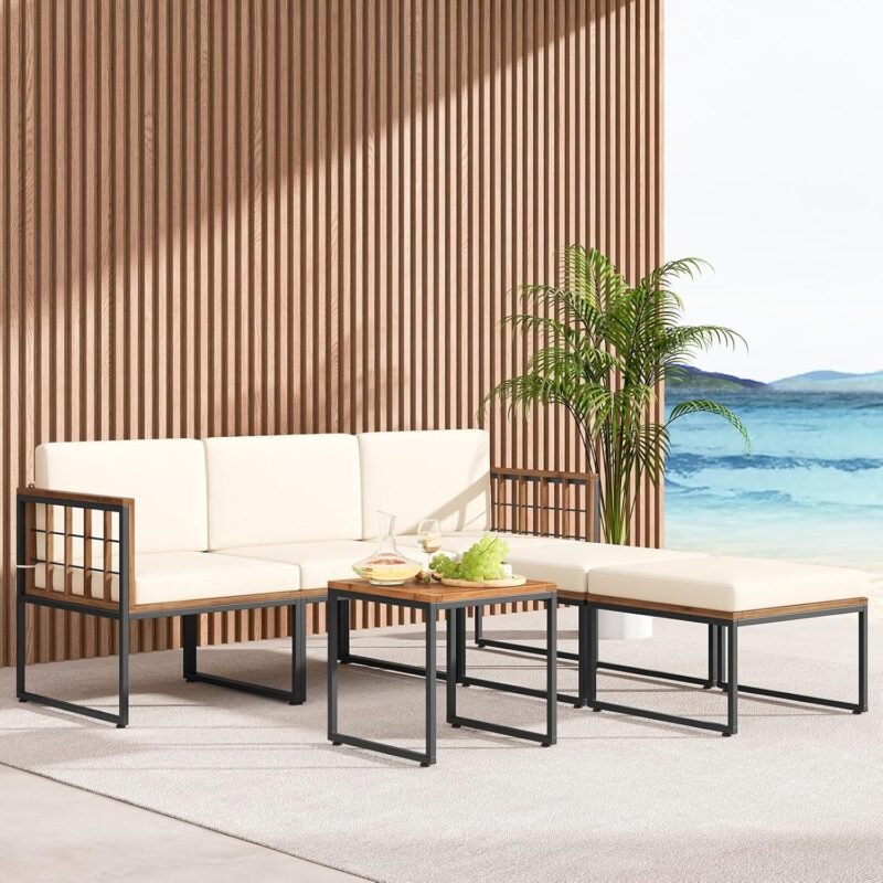 Tangkula 6 Pieces Acacia Wood Patio Furniture Set, Patiojoy Outdoor Sectional Conversation Sofa Set with Cushions, Coffee Table and Ottomans, Patio Seating Sofas for Garden, Poolside, Backyard (Beige) - Imagen 4