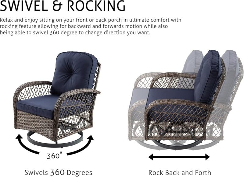 SHA CERLIN 3 Pieces Patio Furniture Set, Outdoor Swivel Glider Rocker, Wicker Patio Bistro Set with Rocking Chair, Cushions and Table (Blue) - Imagen 6