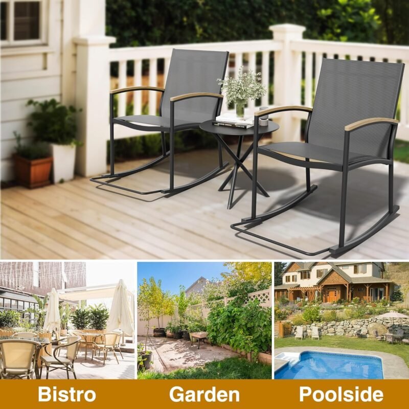 JAMFLY 3 Pieces Patio Set Outdoor Patio Furniture Sets, Modern Rocking Bistro Set Textilene Chair Conversation Sets with Detachable Pedal and Coffee Table (Light Gray) - Imagen 5