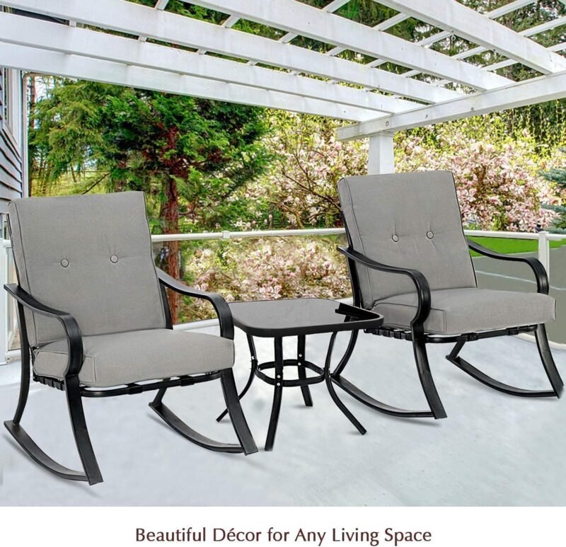 Betterland Outdoor 3-Piece Rocking Chairs Patio Bistro Sets, Glass-Top Coffee Table & Black Metal ​Patio Furniture with Thickened Cushions (Grey) - Imagen 2
