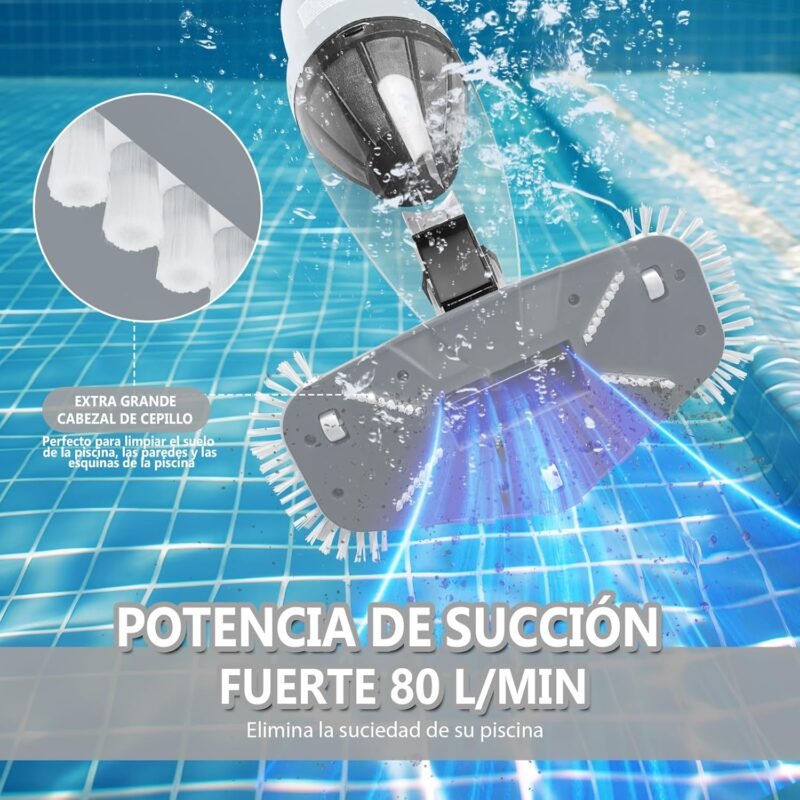 PoolyPoly Aspirador de Piscina Inalámbrica con Succión Fuerte, Limpiafondos Piscina a Bateria con Mango Telescópico, 1,8Litros de Filtro, Aspiradora Manual para Jacuzzi, SPA, Piscina, Gris - Imagen 5