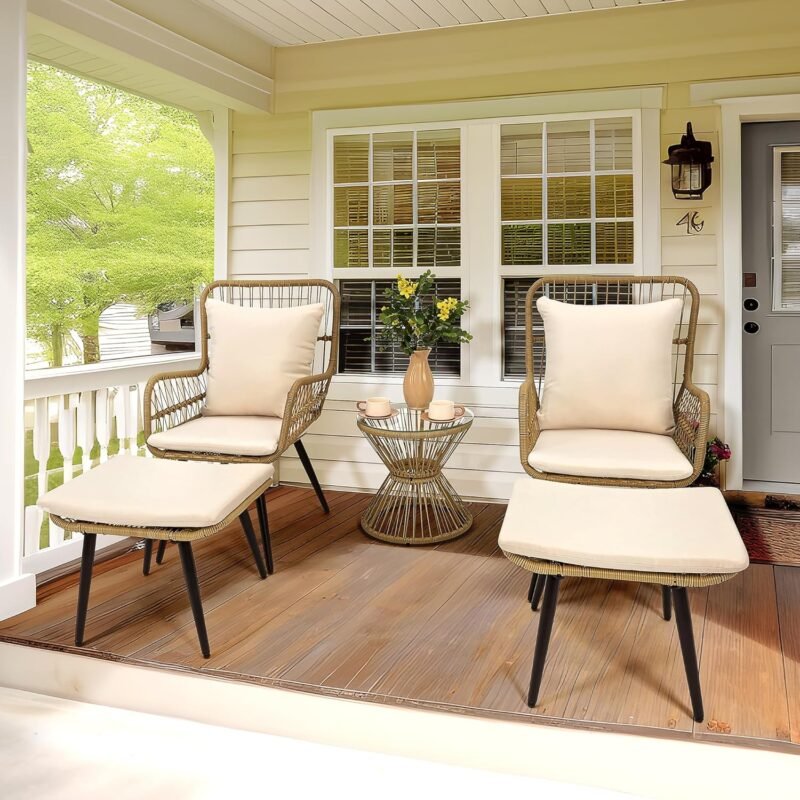 Pamapic Outdoor Patio Bistro Set with Ottoman 5 Piece Rattan Wicker Conversation Chair Sets Balcony Furniture Chairs for Yard Garden Porch Backyard Poolside, Beige - Imagen 2