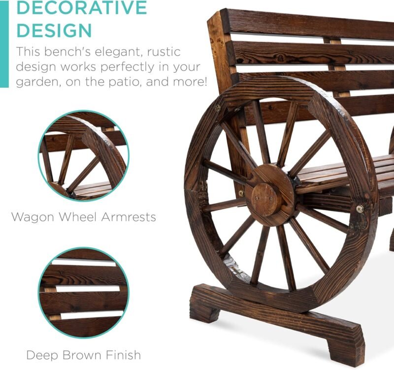 Best Choice Products 2-Person Wooden Wagon Wheel Bench for Backyard, Patio, Porch, Garden, Outdoor Lounge Furniture w/Rustic Country Design, Slatted Seat and Backrest - Brown - Imagen 6