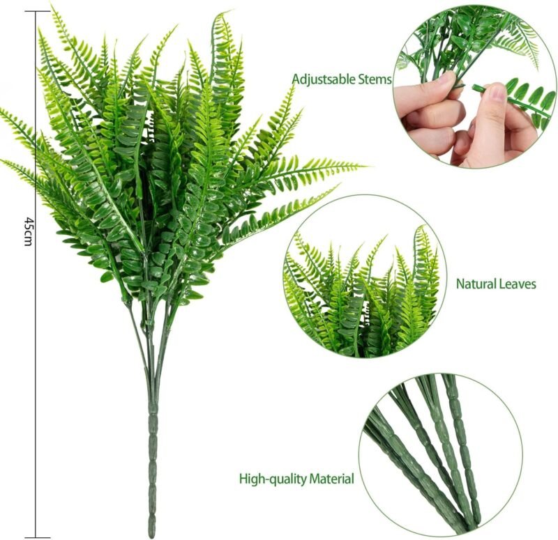 Hywean Homd 7 Piezas Boston de Helecho, Ramas Artificiales Decorativas de Plástico, Plantas Verdes Artificiales, Arbustos de Plástico, Helechos Decoración Pared Terraza, Boda, Jardín, Dormitorio - Imagen 2