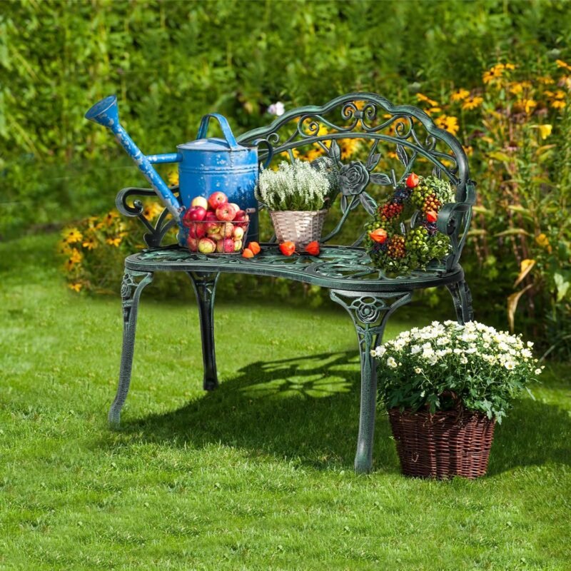 VINGLI 38.5" Patio Park Garden Outdoor Metal Rose Bench,Cast Iron Cast Aluminium Frame Antique Finish Chair,Accented Lawn Front Porch Path Yard Decor Deck Furniture for 2 Person Seat（Green&Black - Imagen 6