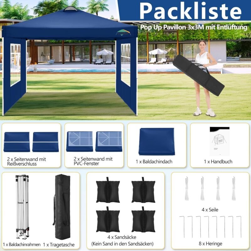 COBIZI Carpa de Jardín de 3x3m Plegable, Cenador Robusto Impermeable, Garden Tent 3x3 Resistente al Agua con 6 Paredes Laterales para Reception,Fiestas, Exterior, Cerveza,Reception,Azul Marino - Imagen 7