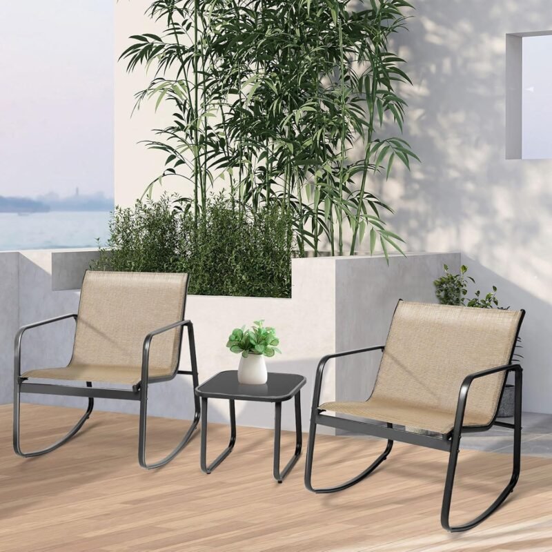 3 Piece Patio Rocking Chairs Set, Outdoor Conversation Set Modern Bistro Set Textilene Balcony Chair Sets with Coffee Table for Yard and Bistro (Brown) - Imagen 7