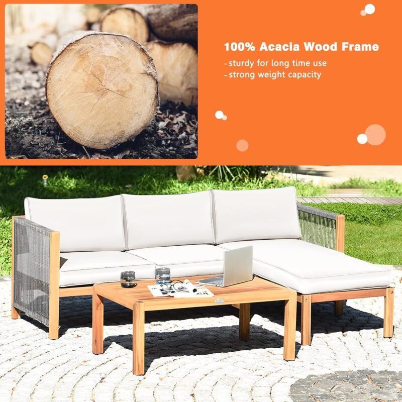 Tangkula L Shape Outdoor Furniture Set, 3 Piece Acacia Wood Patio Conversation Set, with 2 loveseats and Coffee Table, Garden Backyard Poolside Patio Seating Set (White) - Imagen 5