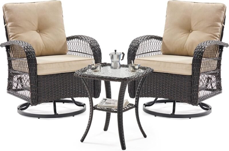 UDPATIO 3 Pieces Patio Furniture Set, Outdoor Swivel Gliders Rocker, Wicker Patio Bistro Set with Rattan Rocking Chair, Glass Top Side Table and Thickened Cushions for Porch Deck Backyard (Khaki)