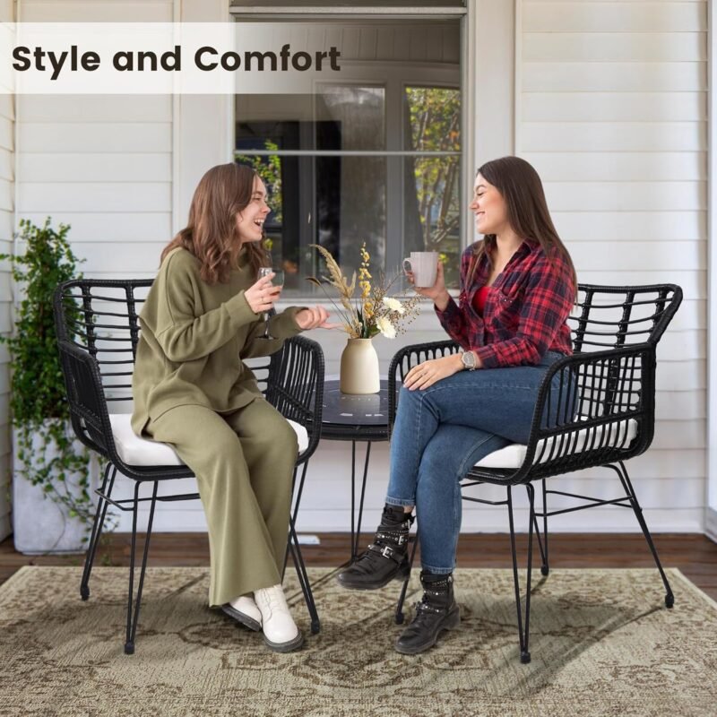 3 Pieces Wicker Patio Bistro Furniture Set, Includes 2 Chairs and Glass Top Table, Ideal for Porch, Outdoor, Backyard, Apartment, Balcony Black Color - Imagen 4