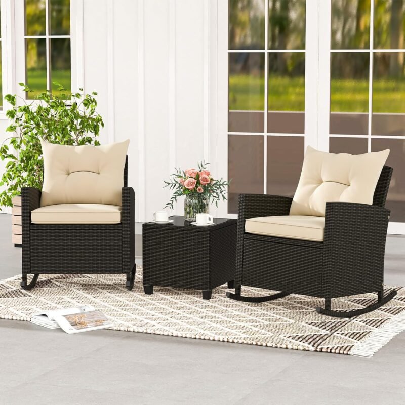 Tangkula 3 Piece Wicker Rocking Set, Patio Rattan Roker Chairs with Tempered Glass Table & Soft Cushions, Outdoor Furniture Set for Backyard, Poolside Porch (Beige) - Imagen 2