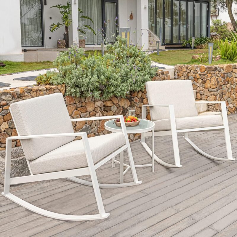 COSIEST 3 Piece Patio Furniture Set, Black Steel Rocking Bistro Set Outdoor Rocking Chairs w Beige Thickened Cushions, Wood-Top Coffee Table for Garden, Pool, Backyard - Imagen 3