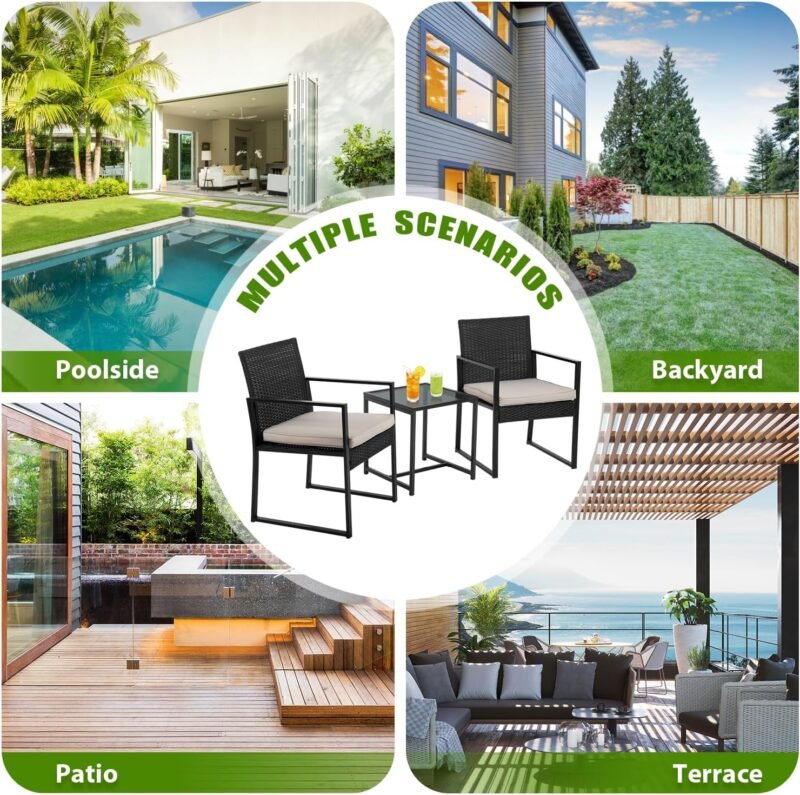 PayLessHere 3-Piece Rattan Wicker Bistro Set Outdoor Conversation Set Sturdy Frame Wicker Furniture with 2 Chairs Cushions Tempered Glass Table for Poolside Balcony Patio Bar Garden (Khaki) - Imagen 7