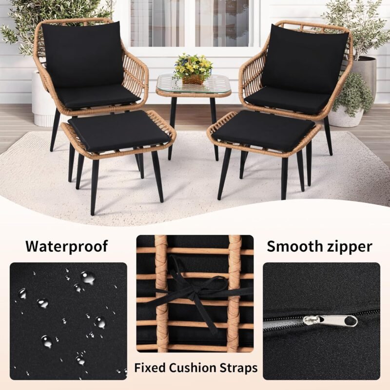 Outdoor Wicker Chairs and Table Bistro Conversation Furniture Set, 5 Pieces with Ottoman for Porch, Balcony, Deck, Patio, Backyard, Natural Color - Imagen 5